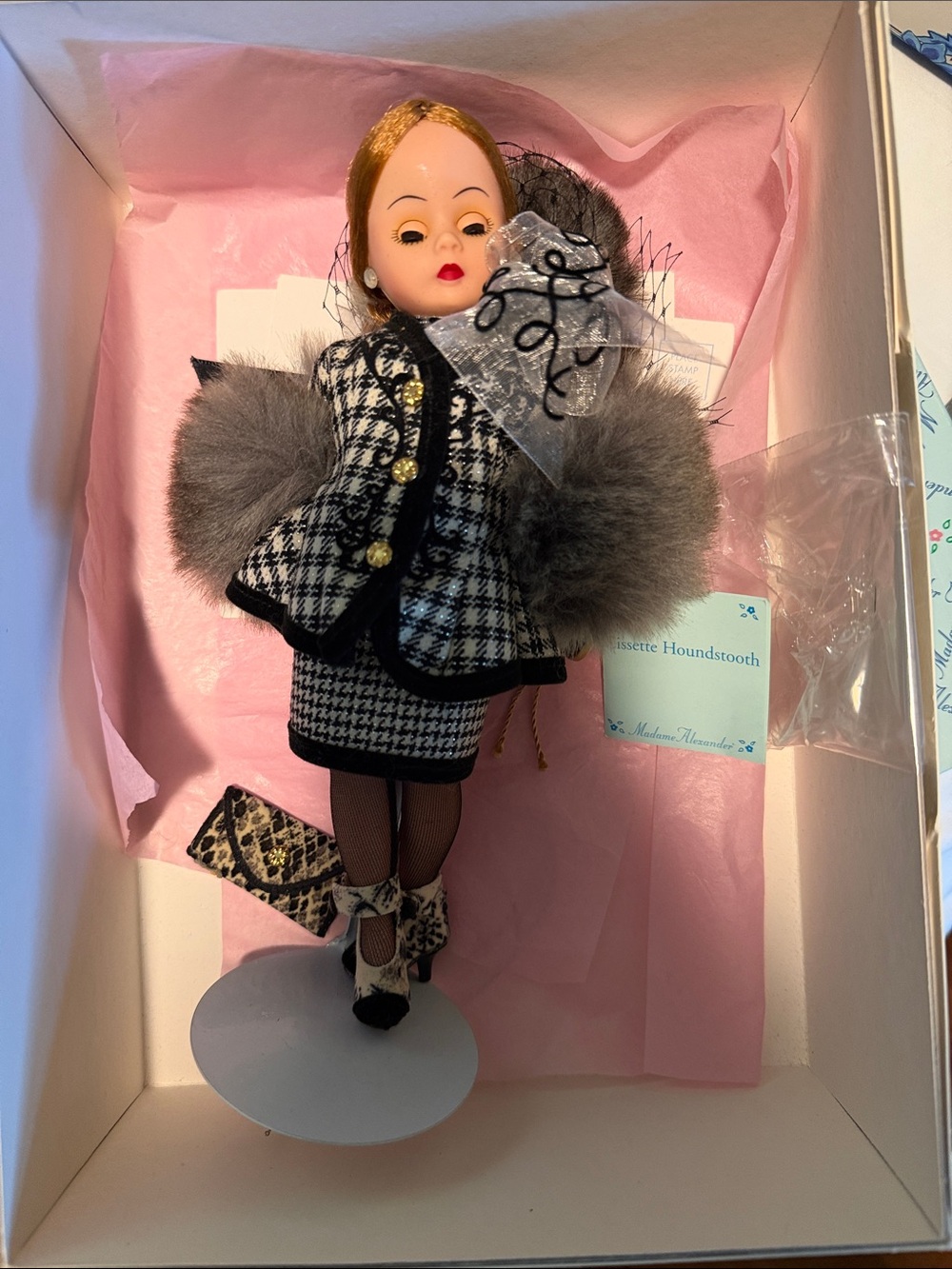 Madame Alexander Cisette Black & White Houndstooth Cape Coat with Gray Fur Trim